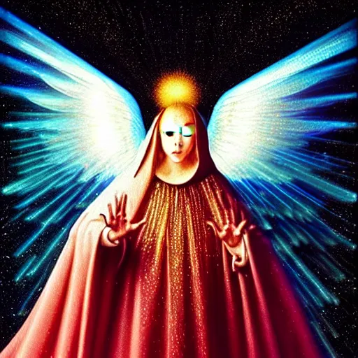 Image similar to highdetailed hyperrealistic of white angel in the hood!!! giant ball of miracle light from the chest!!!!!, white sparkles everywhere, lot of fire and stars overhead!!!, by jan van eyck, holography space, glow effect, large strokes, clean lines, white mono color, oil painting