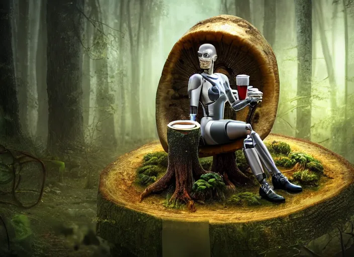 Image similar to photo of an intricate and sophisticated terminator woman with borg enhancements sitting on a giant mushroom in a weird magical forest and drinking a cup of tea. Very detailed 8k. Fantasy cyberpunk horror