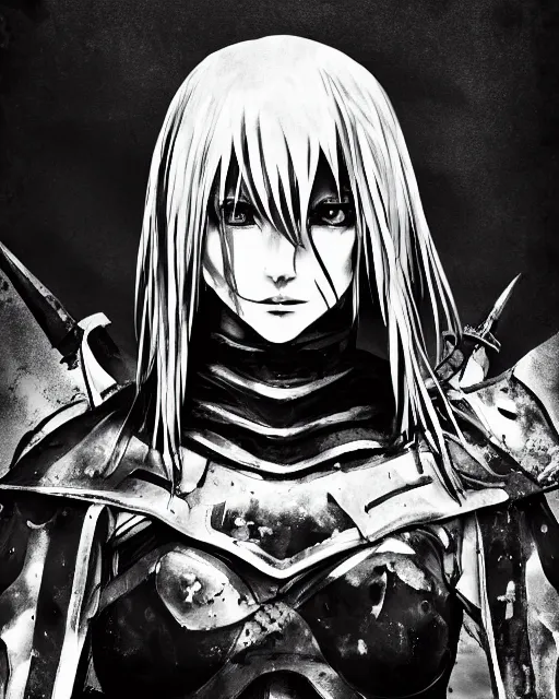 Prompt: portrait of a female crusader by tsutomu nihei, monochrome, gothic, dark, high contrast