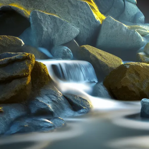 Image similar to water splashing over rocks, volumetric lighting, cinematic, detailed, raytracing, 4K ultra, award winning