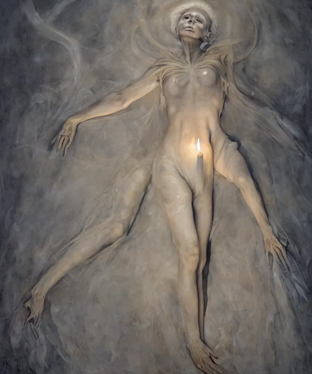 Image similar to Beautiful full-body wax sculpture of glowing transparent woman with visible bones covered with melted white candle wax inside the singularity where stars becoming baroque folds of dark matter by Michelangelo da Caravaggio, Nicola Samori, William Blake, Alex Grey and Beksinski, dramatic volumetric lighting, highly detailed oil painting, 8k, masterpiece