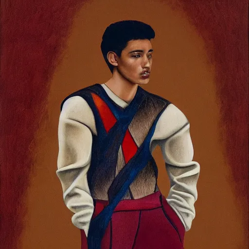 Prompt: a beautiful young mexican male wearing alexander mcqueen, painted by michelangelo