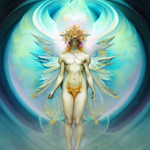 Image similar to psychedelic angelic celestial being artwork of peter mohrbacher, frank xavier leyendecker, energy body, sacred geometry, esoteric art, divinity detailed, saturated colors,