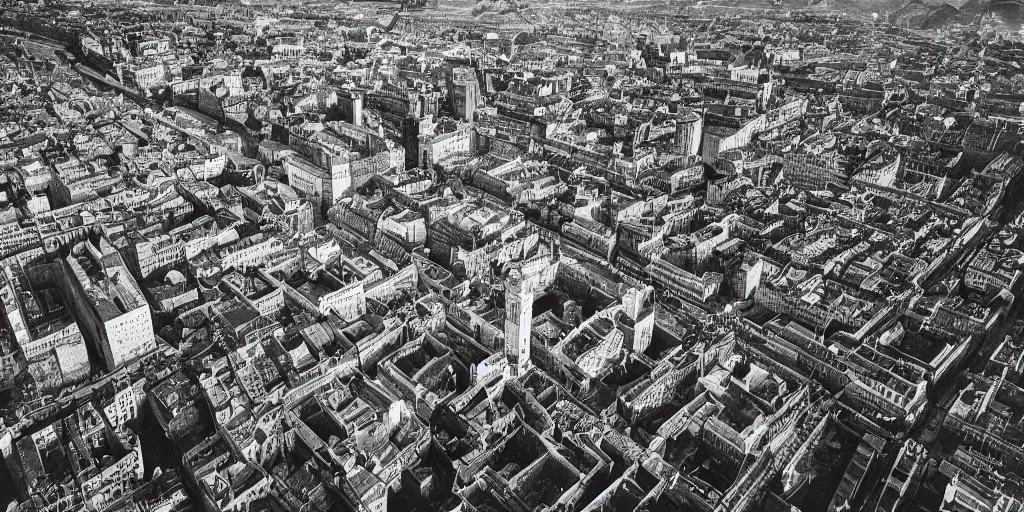 Prompt: a renaissance city imagined by Ludwig Hilberseimer , bird's eye view, cinematic full shot, high res, 35mm film black and white photograph