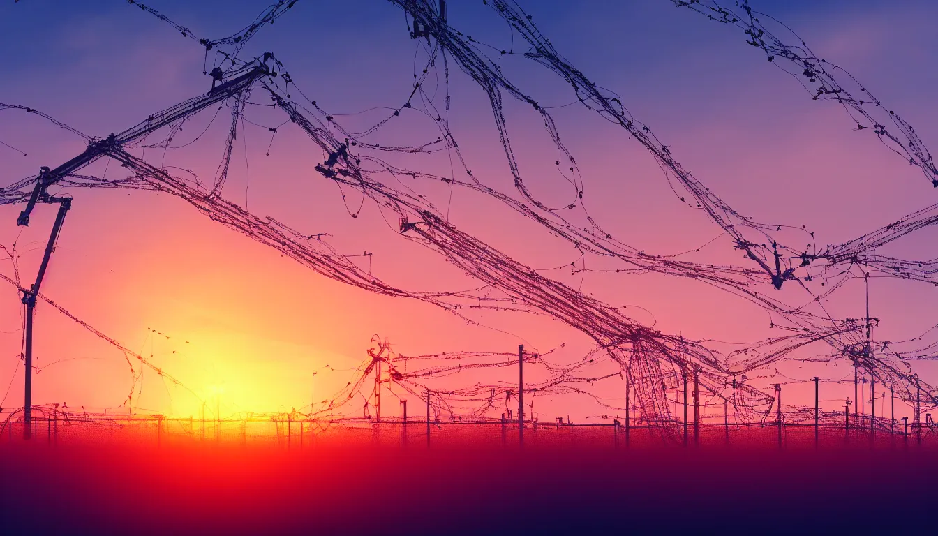 Prompt: huge machine cranes , queues of cars surrounded by barb wire fences, feedback loop , burst of powders ,volumetric lighting, twisting vapour, bellowing dust , emerging seascape and beautiful sunset , full colour , upscale , 4k