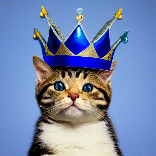 Image similar to toy cat wearing a blue crown , HD , 4k