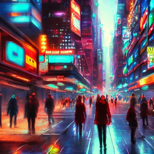 Prompt: Neon city, big street, people walking, Sergey Zabelin, cyberpunk, high detail, photo realistic, art station