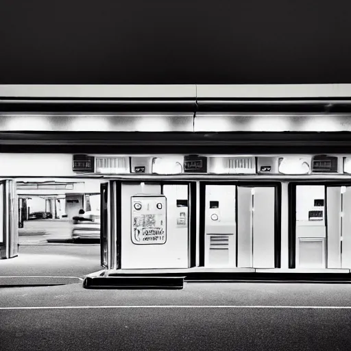 Image similar to noisy color photograph of a retrofuturist liminal empty convenience store with no windows, dark pit, minimalist, cinematic, soft vintage glow
