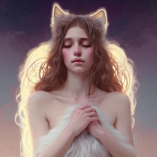 Prompt: Portrait of a girl angel with cream colored fuzzy frizzy hair, cat ears, glowing halo, wings, fantasy, intricate, elegant, highly detailed, digital painting, artstation, concept art, smooth, sharp focus, illustration, art by Krenz Cushart and Artem Demura and alphonse mucha