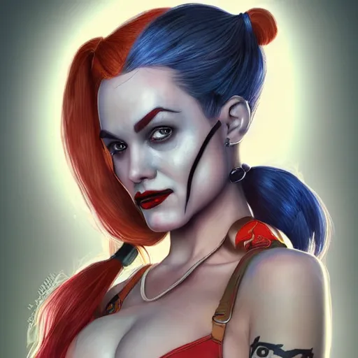Image similar to Harley Quinn but she's a beautiful ape with long pony tails on either side of her head, mucha, mayhem, illustration, by James Jean, artgerm, octane render, by John Coltrane and Marc Simonetti, Manic, inspired by Greg rutkowski, colorful, studio lighting, blender,
