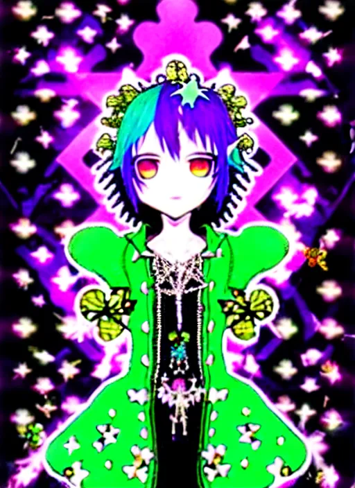 Image similar to baroque bedazzled gothic royalty frames surrounding a hologram of decora styled green haired yotsuba koiwai wearing a gothic spiked jacket, background full of lucky clovers, crosses, and shinning stars, holography, irridescent