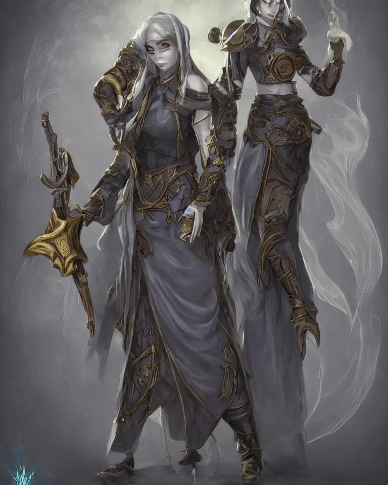 Image similar to female character concept art of tiefling cleric gunslinger holding pistol wearing a nun veil with demon horns on top, full body, grey skin, fine detailed painting, demon tail, blue cleric priestess robe with golden embroidery, final fantasy character art style, game character design, dark fantasy