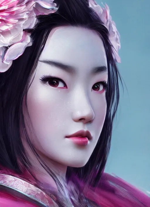 Prompt: Mulan wearing sculpted textured armor and pink flower cape, close-up of the front of the face, super sophisticated texture, enhanced noise, by Guweiz, split lighting, 4K resolution, symmetric, clear facial features, matte painting