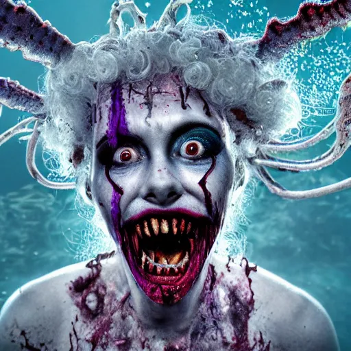 Image similar to beautiful, terrifying, demonic, clown, zombie, female with the body of a goddess, parasitic tentacles, in a underwater horror scene, cinematic lighting, ultra detail, photo realistic, 4k, octane render