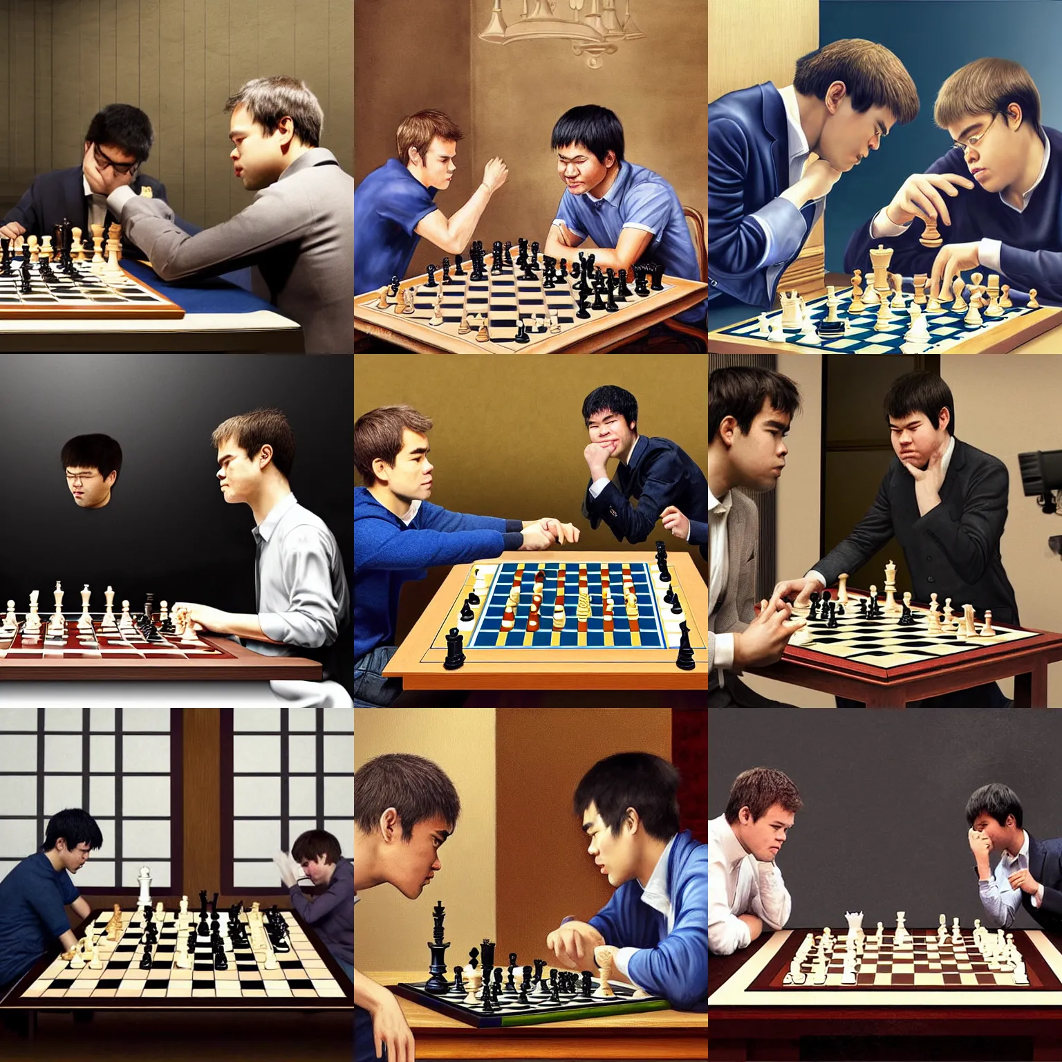 Prompt: Magnus Carlsen playing chess with Hikaru Nakamura in the space, realistic painting, classical painting, high definition, digital art, matte painting, very detailed, realistic