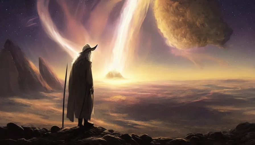 Image similar to a beautiful painting of gandalf watching a supernova in the sky of an alien world, ray traced lighting by jean kalin popov and greg rutkowski