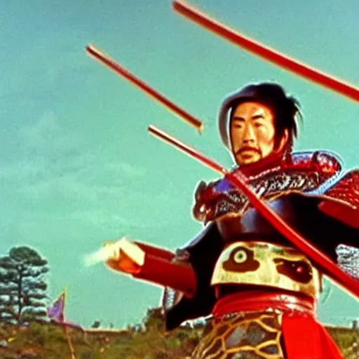 Prompt: a samurai fighting with delicious hot dogs, scene from Kagemusha, 1980, movie still, cinematic, epic,