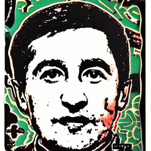 Prompt: volodymyr zelenskyy. face. intricate sticker design by andy warhol