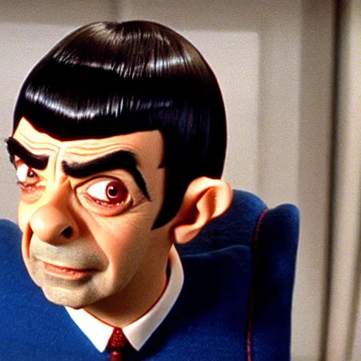 Image similar to Movie still of Mr. Bean as Spock from Star Trek, direct gaze