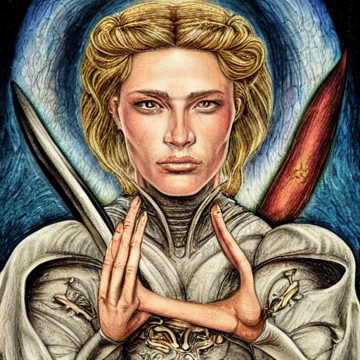 Image similar to jeanne d'arc in the style of william blake, terese nielsen, detailed, intricate, beautiful faces, steve argyle, pastoral fantastic reality