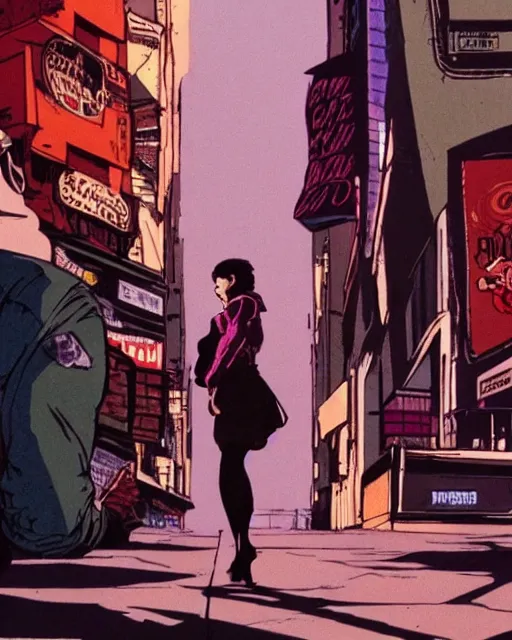 Image similar to portrait of an attractive young female protagonist wearing leather jacket, center focus, in city street, frank miller, ralph bakshi
