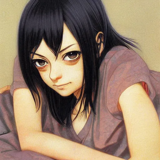 Image similar to anime mila kunis by by Hasui Kawase by Richard Schmid