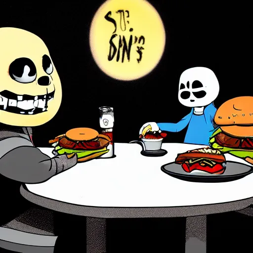 Prompt: Sans from Undertale on a date, POV from the other side of the table, moody lighting, the table has plates with burgers in it, digital art, Grillby's