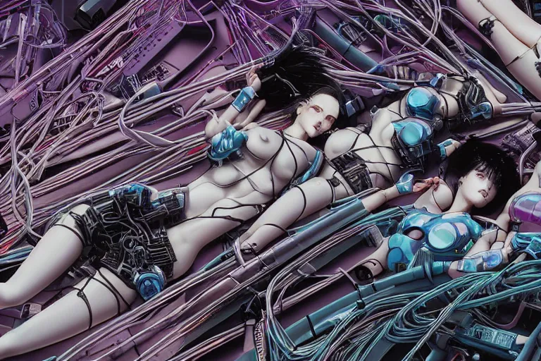 Prompt: a cyberpunk illustration of a group of female androids in style of hajime sorayama, lying on an abstract, empty, white floor with their body parts scattered around and cables and wires coming out, by katsuhiro otomo and masamune shirow, hyper-detailed, intricate, colorful, view from above, wide angle, close up, beautiful