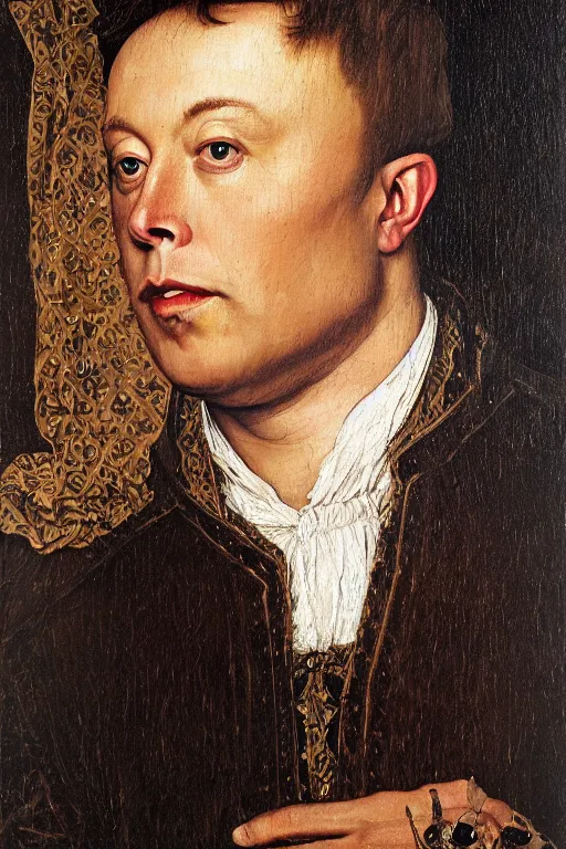 Image similar to portrait of elon musk, oil painting by jan van eyck, northern renaissance art, oil on canvas, wet - on - wet technique, realistic, expressive emotions, intricate textures, illusionistic detail