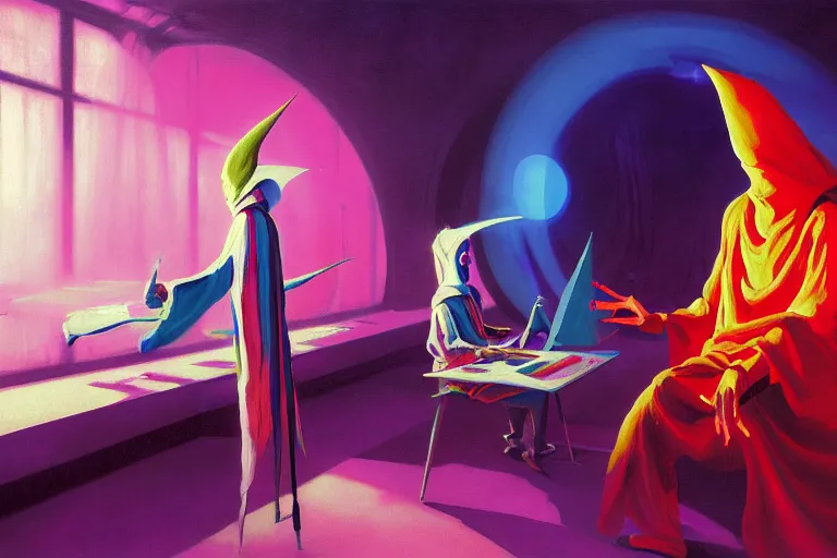 Image similar to A beautiful masterpiece painting of a technomancer wizard in robes with pointed hood discussing sentience with his synthesized Al djinn in his laboratory near a computer (by Remedios Varo and Anato Finnstark and Greg Rutkowski), (dayglo pink, dayglo blue, dazzle camouflage), 8k, trending on ArtStation