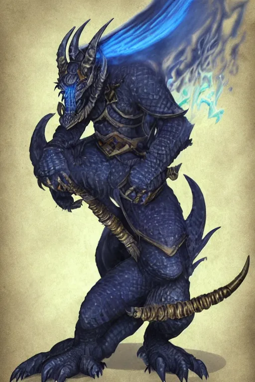 Image similar to a D&D character of a dark blue dragonborn with blue flame burning half his face, he has large tusks, he wears a black dragon scales armor, D&D concept art