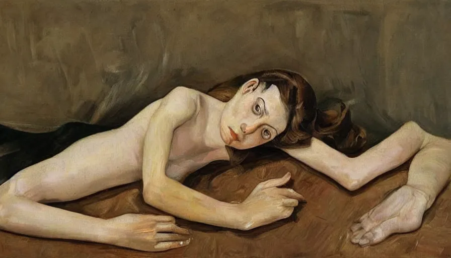 Image similar to painting by lucien freud, young woman, detailed, stunning