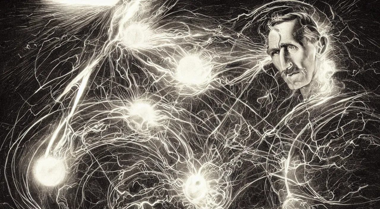 Prompt: nikola tesla breaking the time - space continuity and opening a portal to another dimension, full of energy, intricate art, artstation, picture of the day, energy, cosmic energy, ultra detailed,