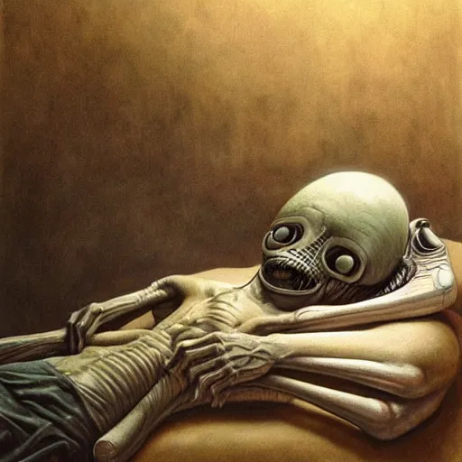 Image similar to a hyperrealistic painting of an alien autopsy, by john kenn mortensen and zdzislaw beksinski, highly detailed, vivid color,