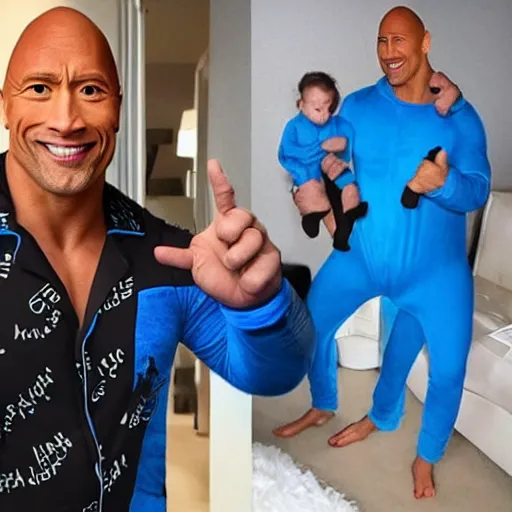 Image similar to dwayne the rock johnson, in blue onesie pajamas, holding an ak - 4 7.