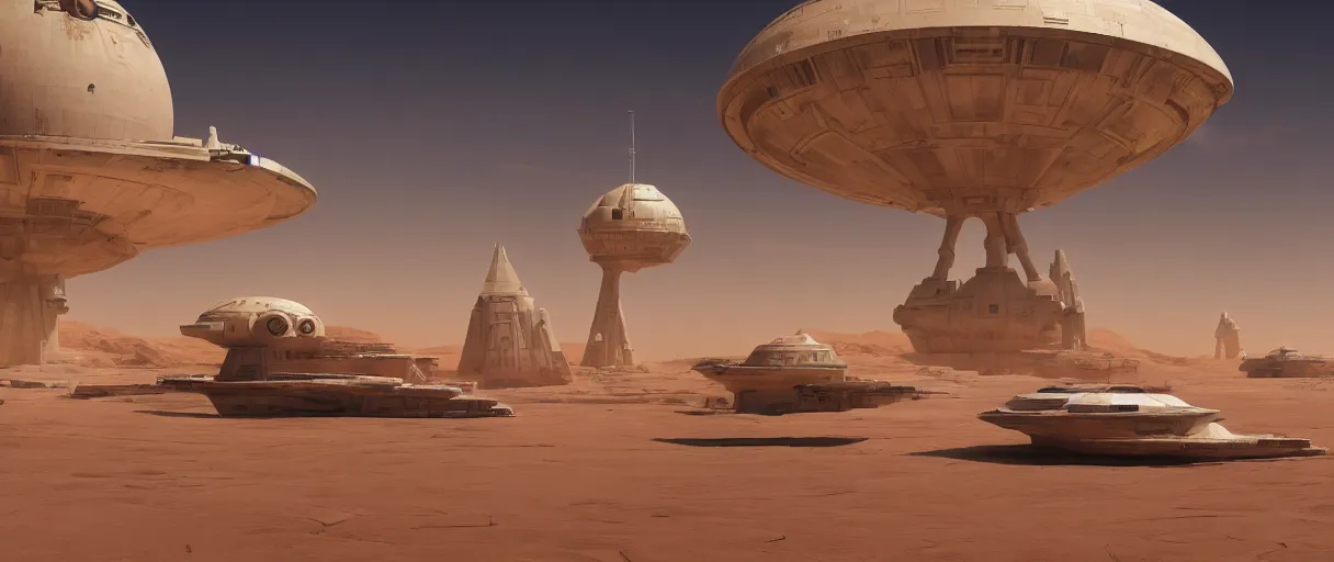 Prompt: a star wars desert city tatooine with landing starship, populated with aliens and people, haze, highly detailed hyper real retro, retro futuristic, volumetric lighting, artstation, unreal engine render 8 k by ralph mcquarrie, greg rutkowski