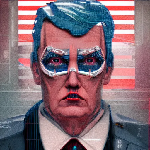 Image similar to cyberpunk robotic donald trump, sharp lines, digital, artstation, colored in