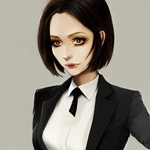 Image similar to woman in black business suit, chill, brown neat hair, pixiv, fanbox, trending on artstation, portrait, digital art, modern, sleek, highly detailed, formal, serious, determined, blue tie, competent, colorized, smooth, charming, pretty, safe for work, thick