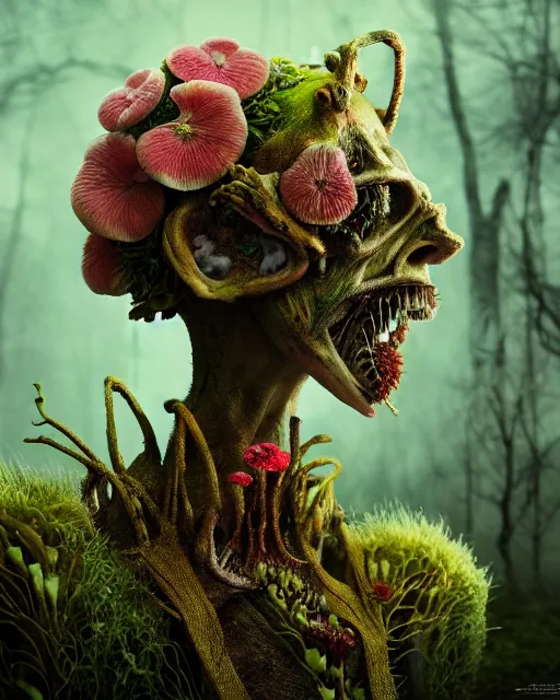 Image similar to a disturbing horror photograph of a fantasy creature made out of nature and flowers and fungus, intricate, hyperrealism, sharp focus, cinematography, highly detailed, octane render, digital horror cgi 4 k, matte, photograph by professional photographer