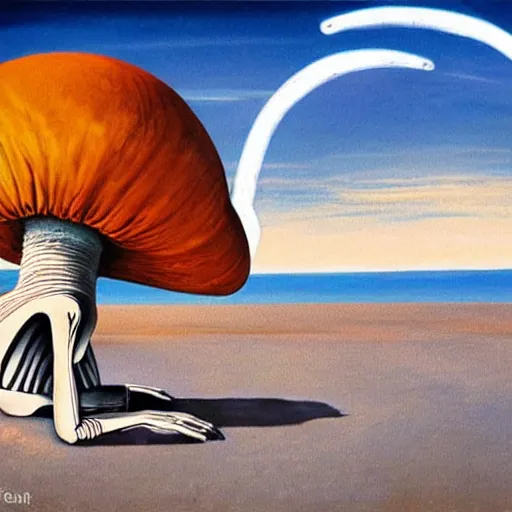 Prompt: a skeleton walking on a beach next to the ocean with nuclear bomb explosion in the background, a naturalism painting by Storm Thorgerson, featured on cg society, matte painting, realistic, chillwave, anatomically correct, light colors, photo-realistic huge mushroom-cloud in the distance