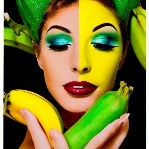 Image similar to a woman with green and yellow makeup holding bananas, a pop art painting by bert stern, trending on behance, pop art, pop art, surrealist, photoillustration