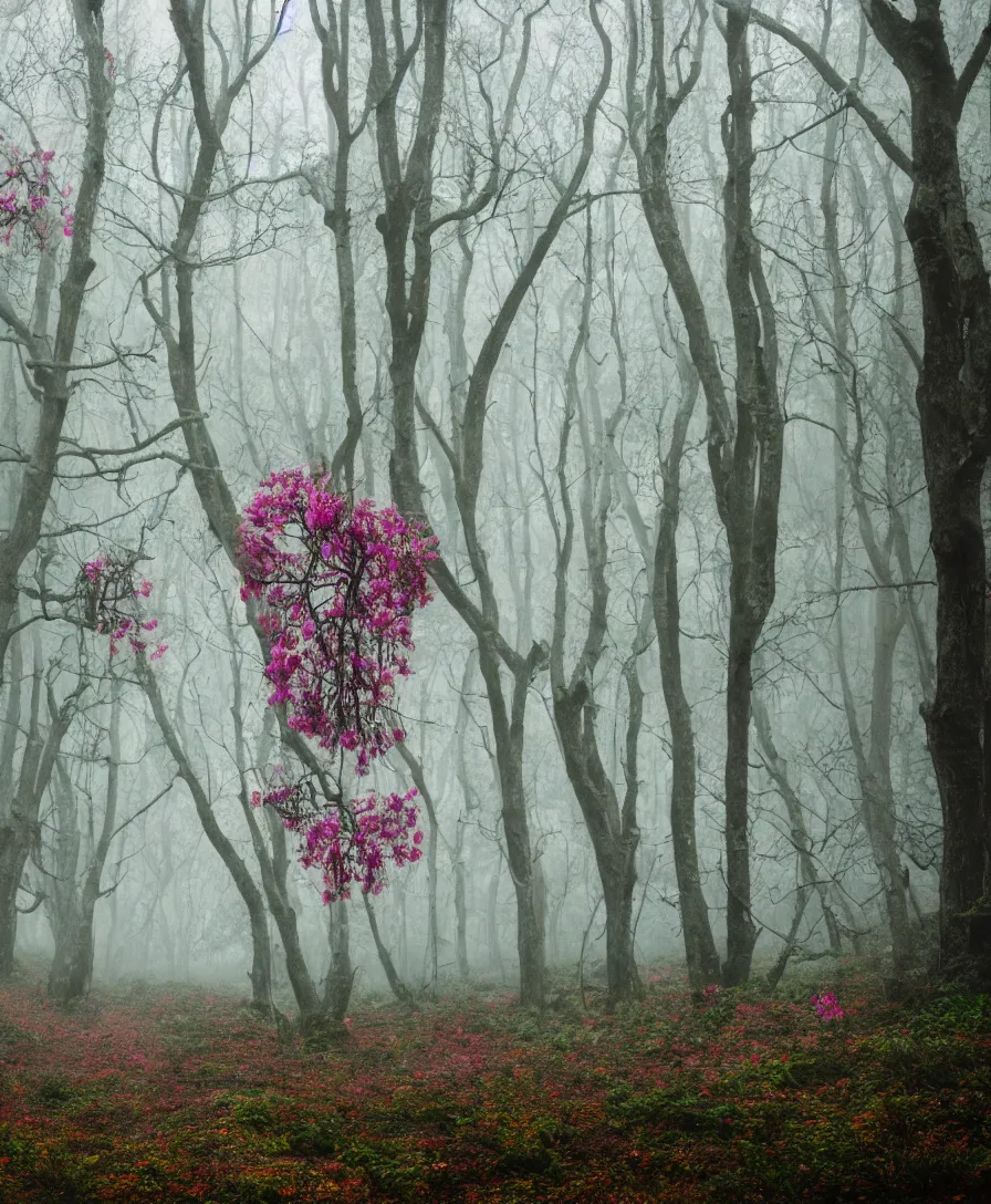 Prompt: a mysterious, foggy forest with haunted trees and colorful flowers