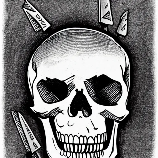 Prompt: a skull with a knife halfway stabbed in it