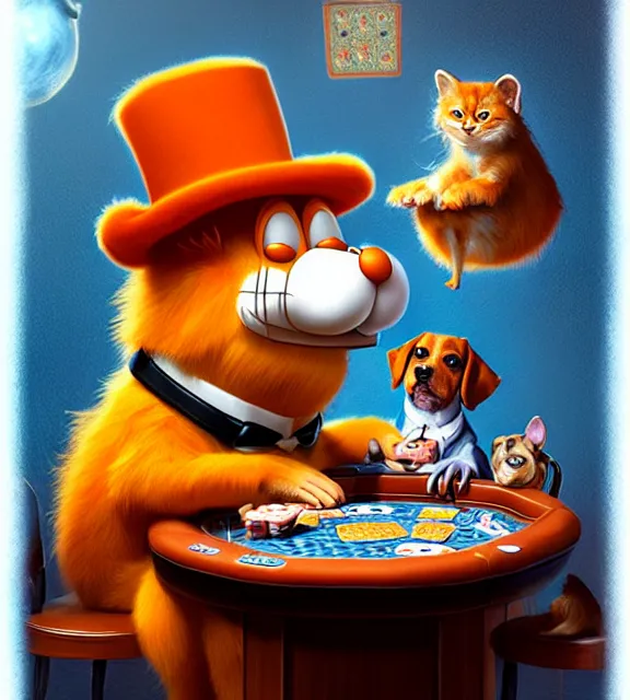 Prompt: cute anthropomorphic garfield playing poker with dogs, smiling, perfect face, orange fur, top hat, cinematic, elegant, highly detailed, psychedelic, digital painting, artstation, smooth, hard focus, illustration, art by jessica rossier and and brian froud
