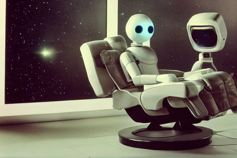 Image similar to robot sitting in a galaxy recliner, from 1986, bathed in the glow of a crt television, tv screens in background, low-light photograph, in style of terry richardson