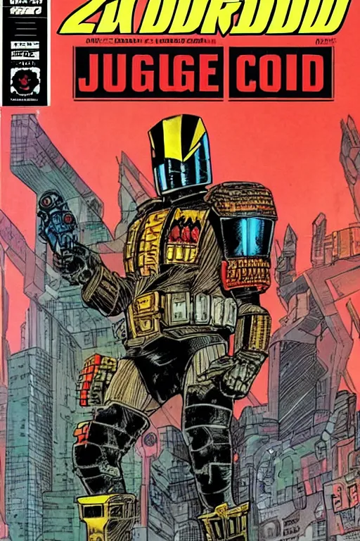 Prompt: 2000ad comic book cover, Judge Dredd, megacity one