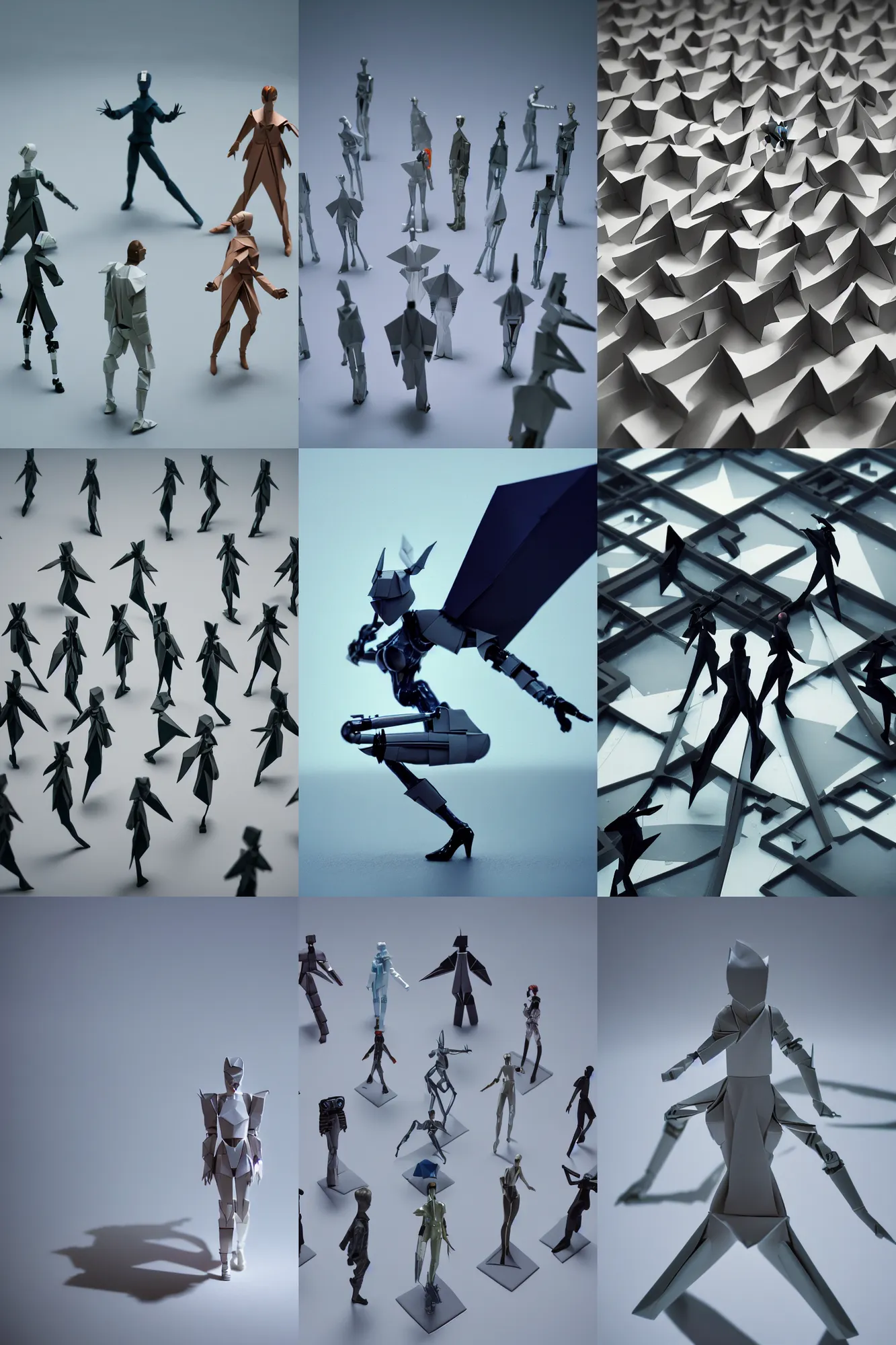 Prompt: beautiful three point perspective film still of funky pop origami cyborg character study scene in merce cunningham, extreme closeup portrait in style of frontiers in blade runner miniature photography fashion architectural art studio seinen manga edition, porcelain holly herndon statues, pointe poses, tilt shift background, soft lighting, kodak portra 4 0 0, 8 k, macro, cinematic style by emmanuel lubezki