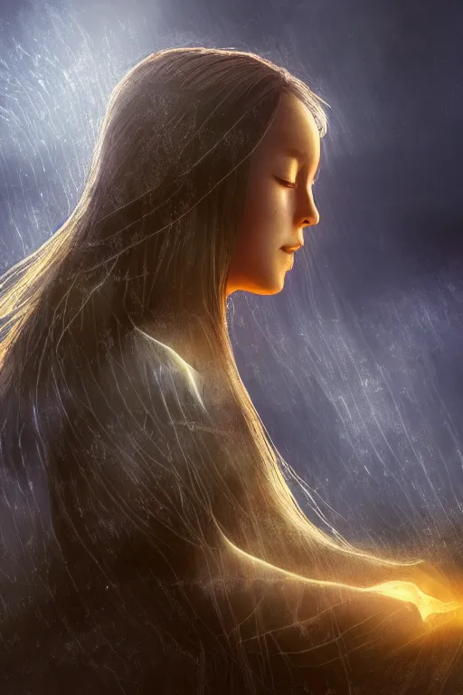 Image similar to a young girl with flowing black hair and chequered robe is watching a storm inside a symmetrical fantasy crystal. atmospheric, 4 k, highly detailed. surrounded by golden rays of light