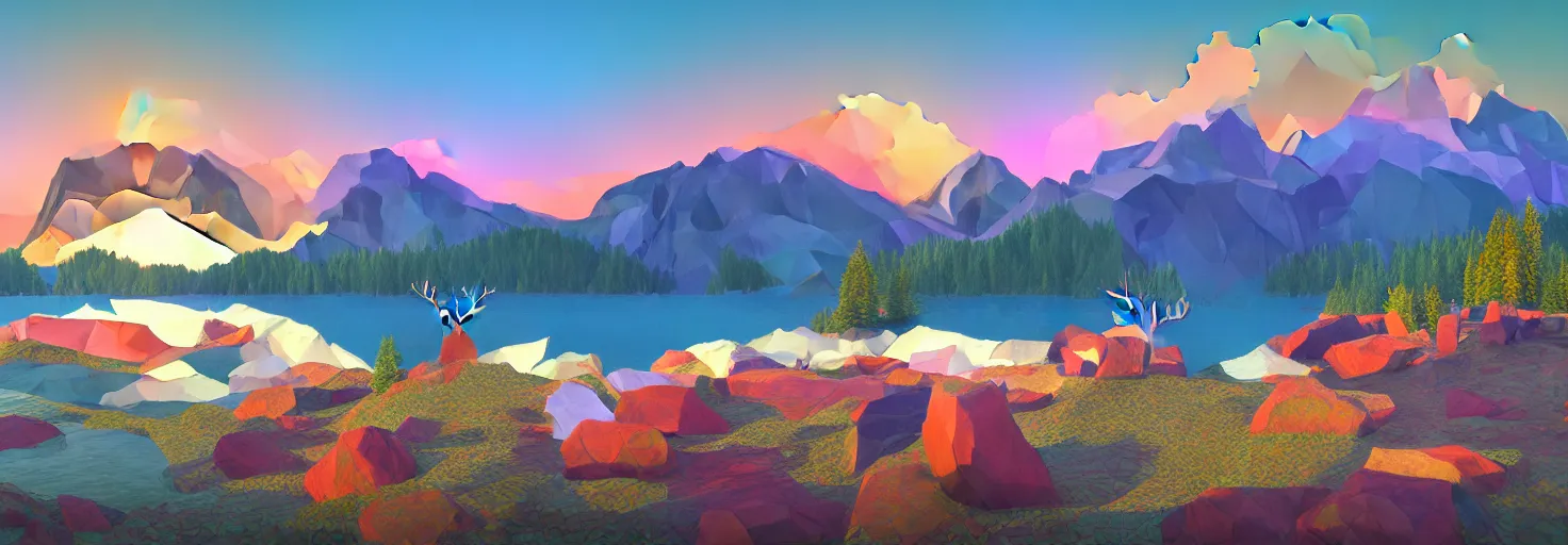 Image similar to super detailed color lowpoly art, northern sunset with rocks on front, blured monochromic lake in the middle of perspective and mountains at background, graphic reindeers in random points, unreal engine, david hockney color palette, 3d render, lowpoly, colorful, digital art