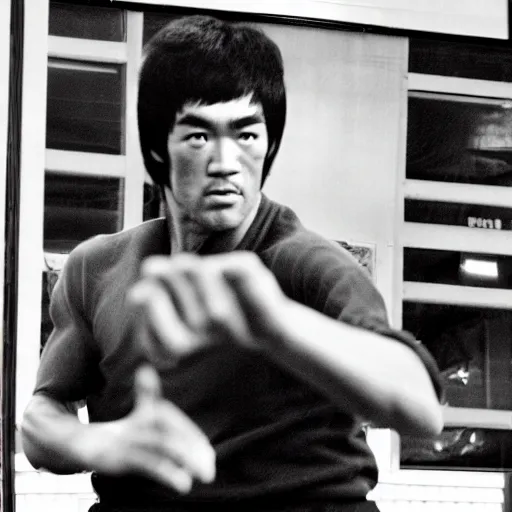 Image similar to 8 k portrait photograph of bruce lee, a blurred wafflehouse in the background